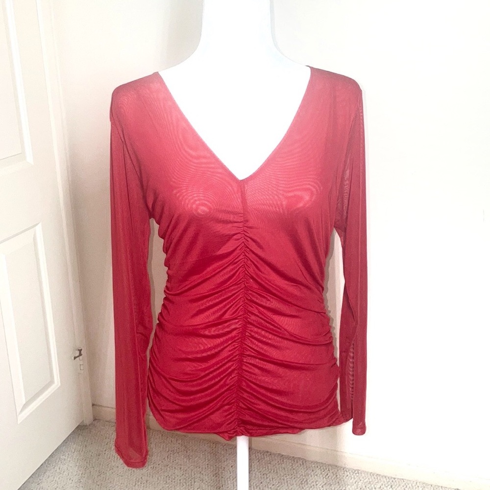 INC red ruched long sleeve blouse.
